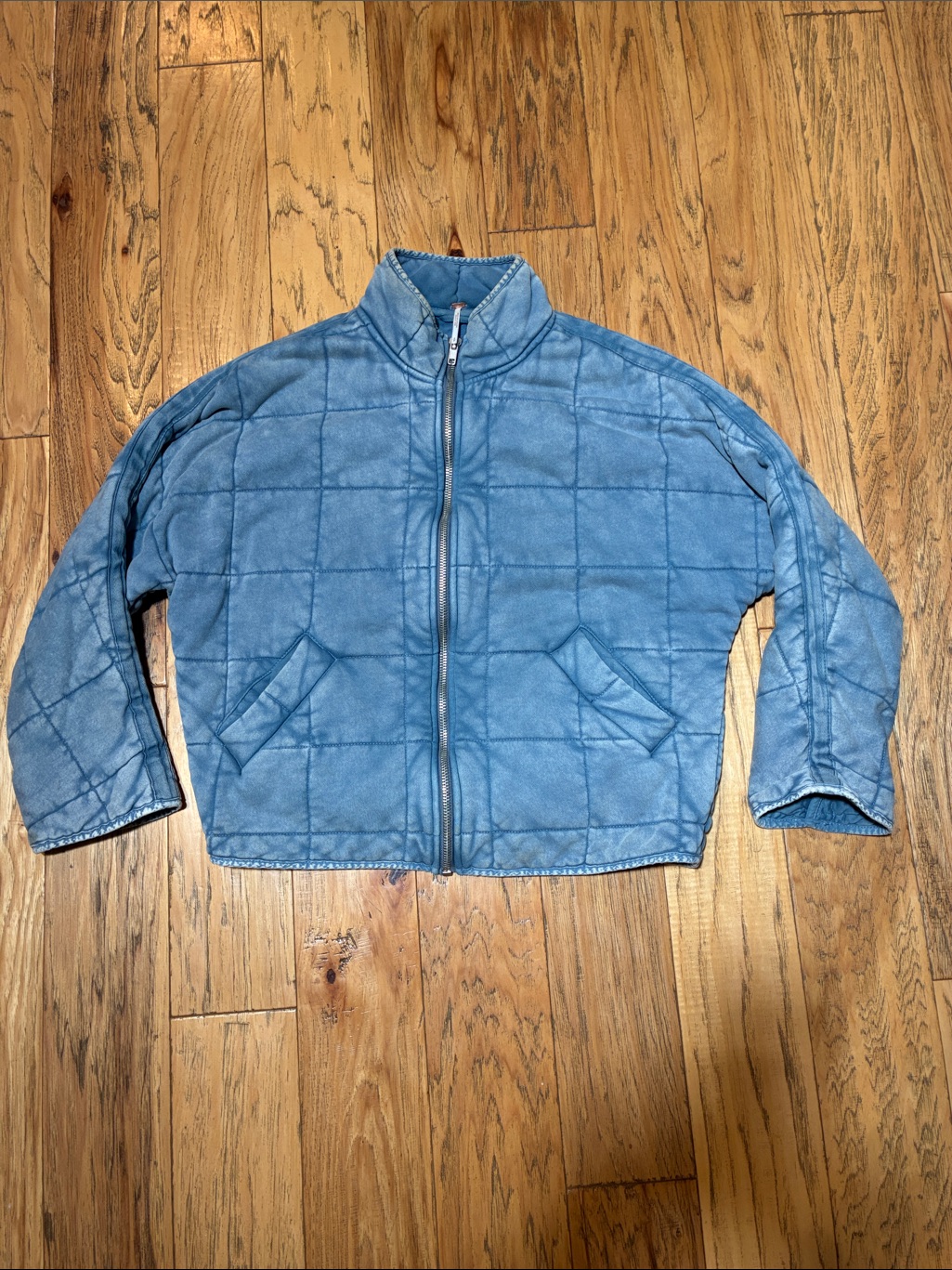Free People - Dolman Quilted Knit Jacket Quilted Blue Zip-Front Jacket - Small